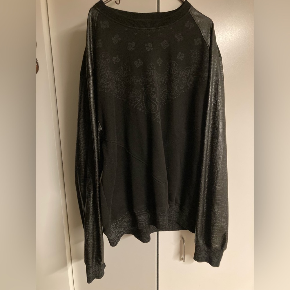 First Class Bandana- Print Fleece Sweater with leather on the sleeves.